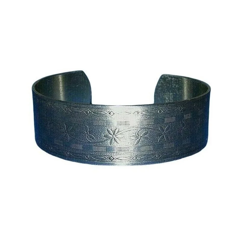 Vintage Nickel Silver Embossed Floral Ethnic BOHO Southwestern Cuff Bracelet
